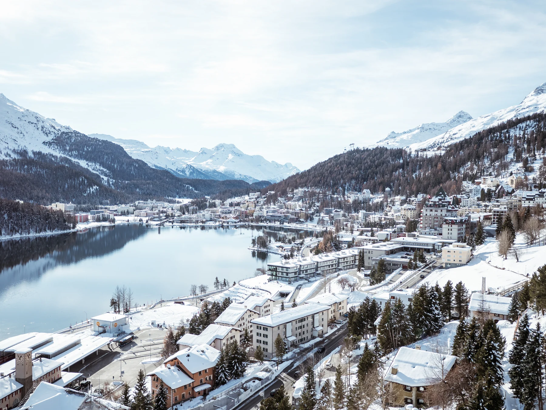 Winter view over Lake St. Moritz and the Engadin from the Carlton Hotel