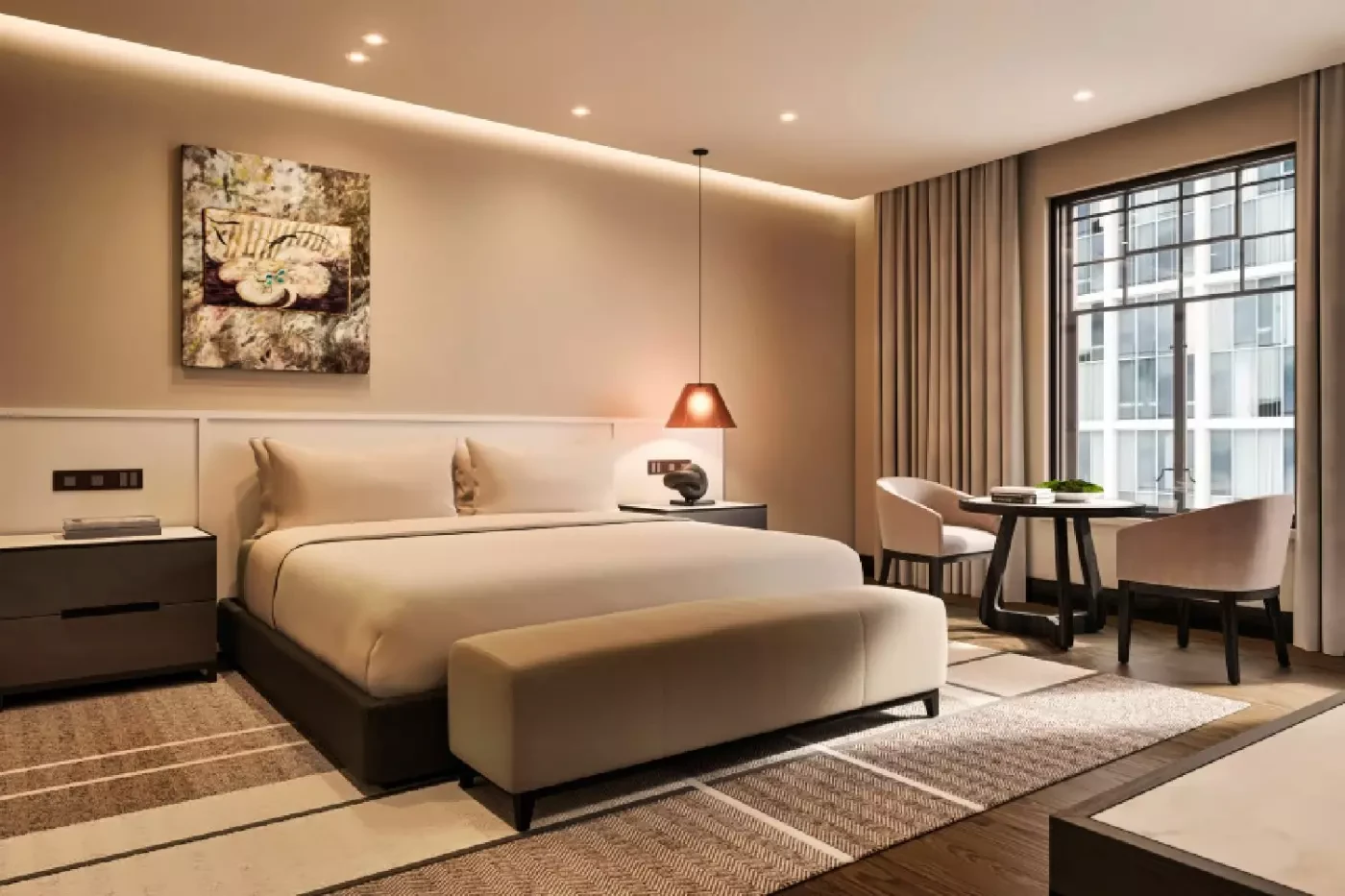 Bedroom at Capella Sydney with warm timber finishes and a king bed