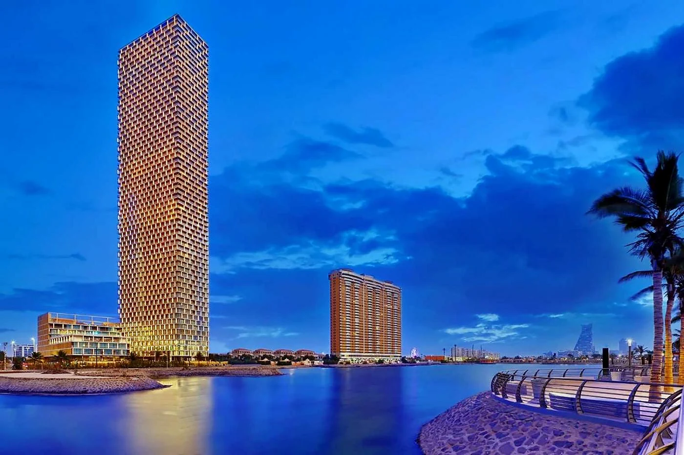 Shangri-La Jeddah tower illuminated beside the Red Sea waterfront