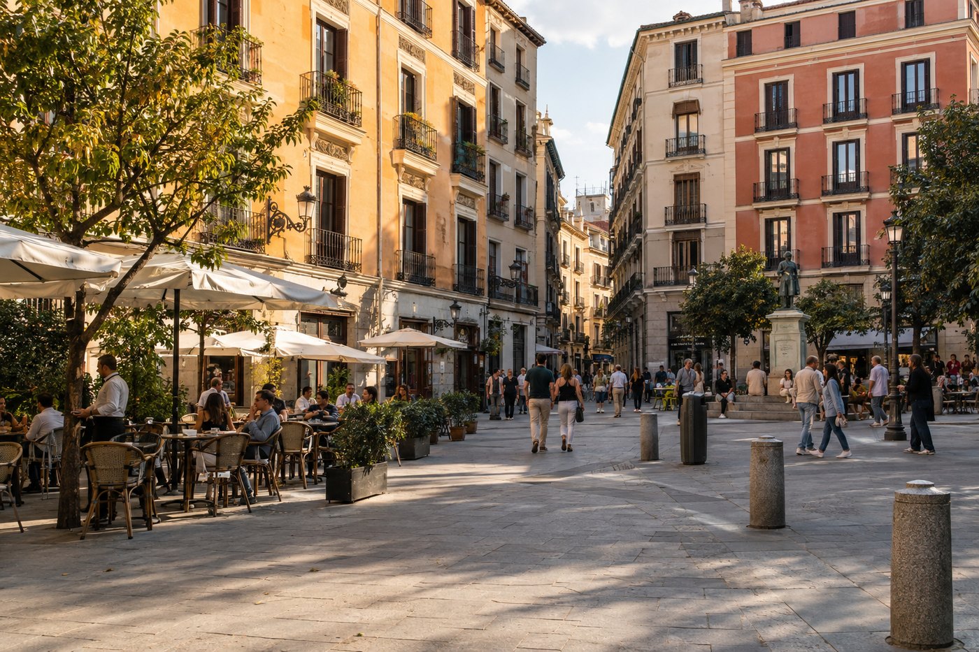 Madrid’s Barrio de las Letras and café terraces in late-afternoon light