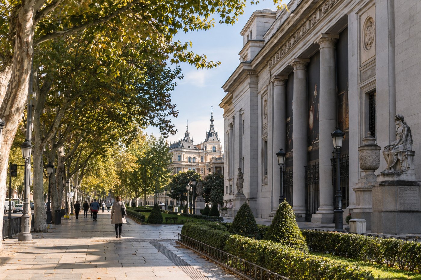 Tree-lined Paseo del Prado and Madrid’s museum district in morning light