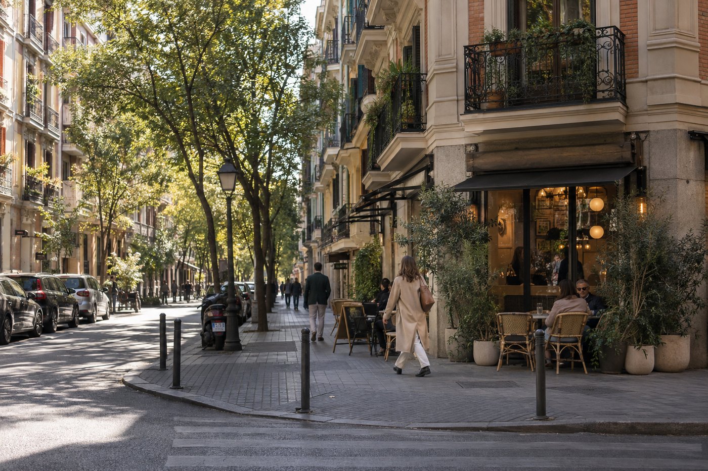 Quiet tree-lined street and café in Madrid’s Chamberí district