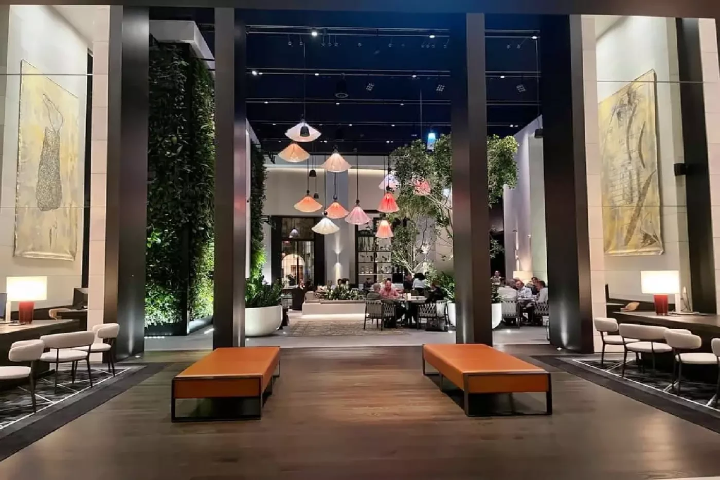 Contemporary interior and hanging floral installation at Capella Sydney