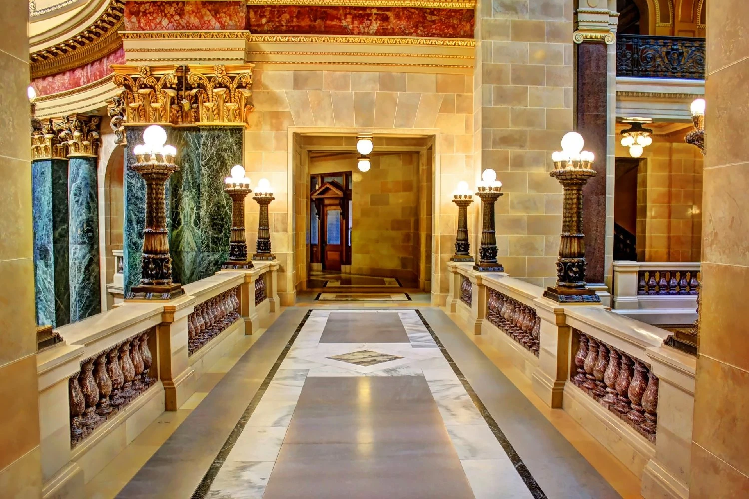 Hotel entrance hall with columns and decorative stonework