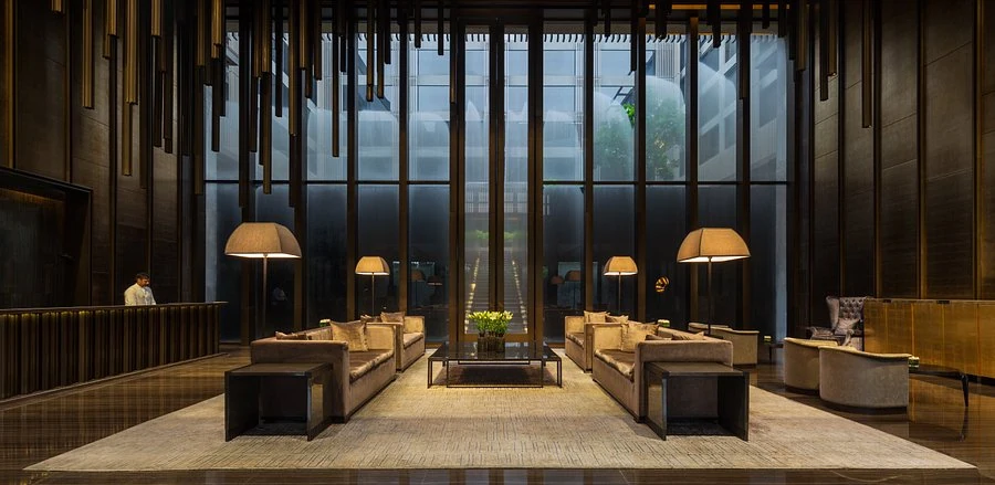 Contemporary lobby at Roseate House New Delhi