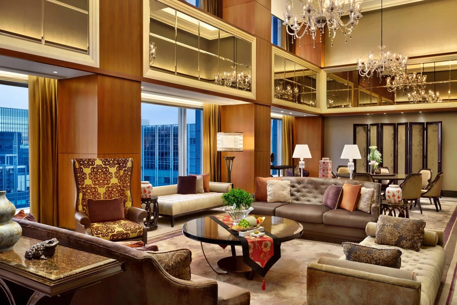 Lounge seating and chandeliers at Shangri-La Tokyo