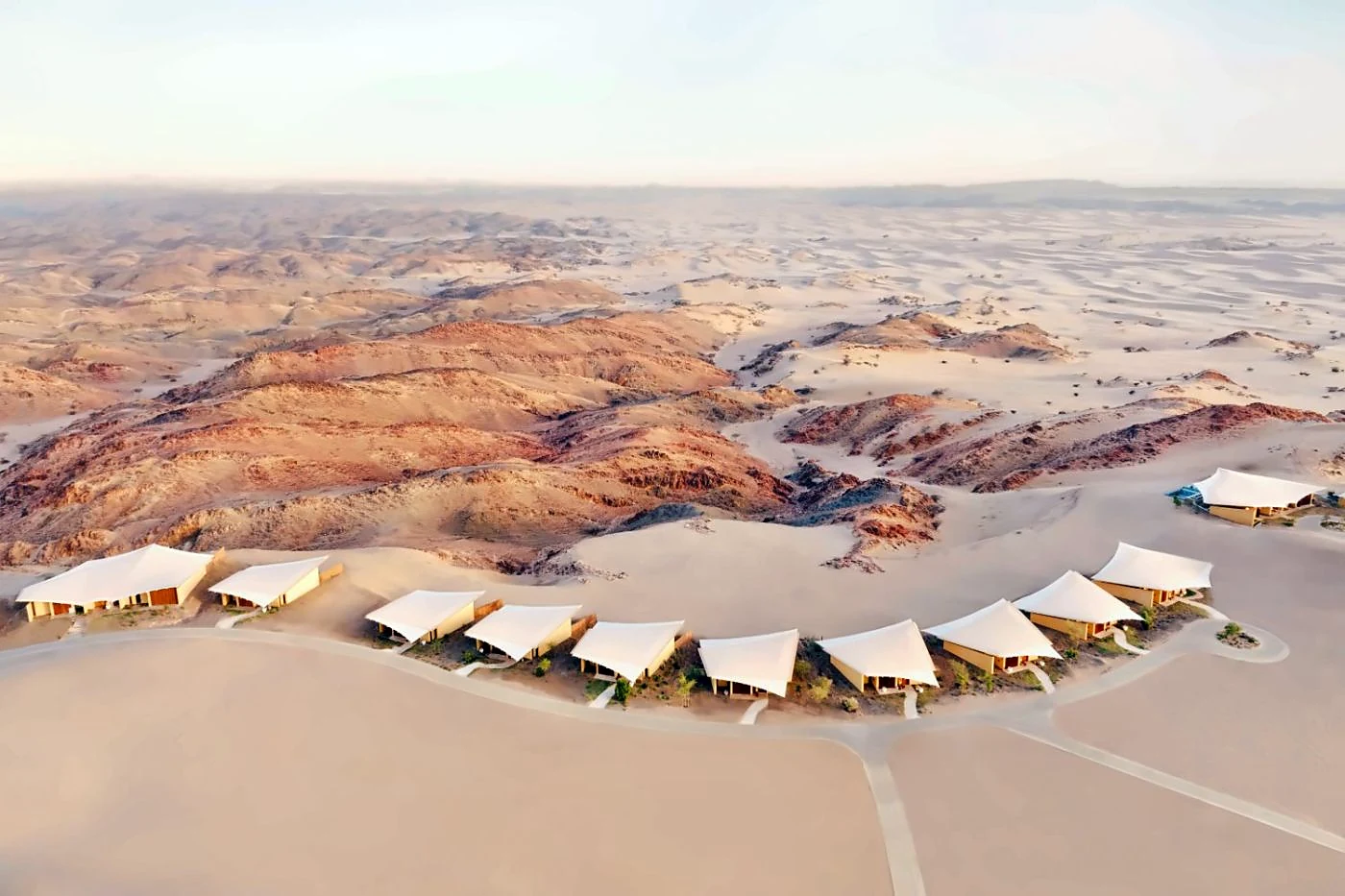 Aerial view of Six Senses Southern Dunes villas in the Saudi desert