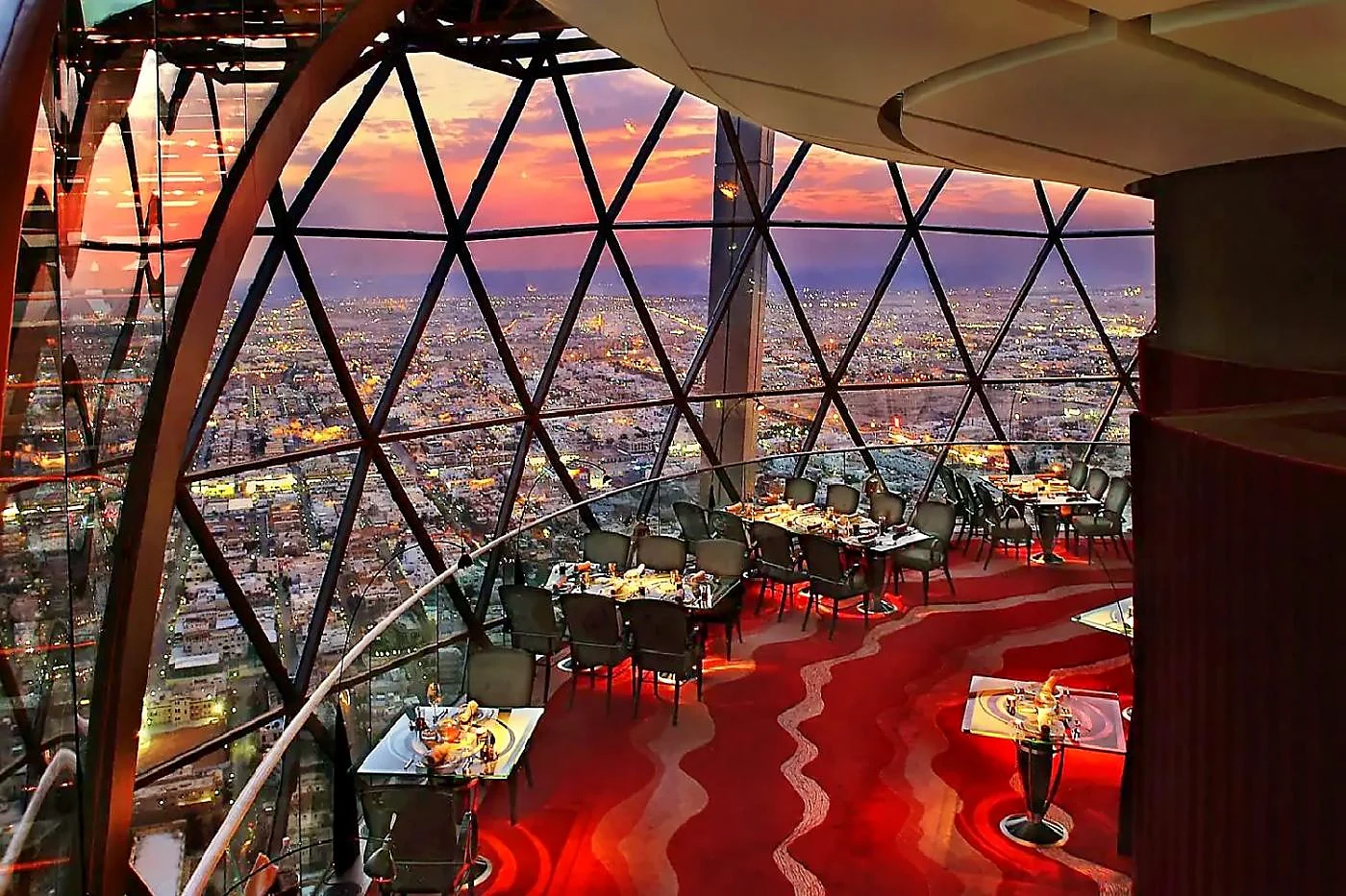 The Globe restaurant overlooking the Riyadh skyline at sunset