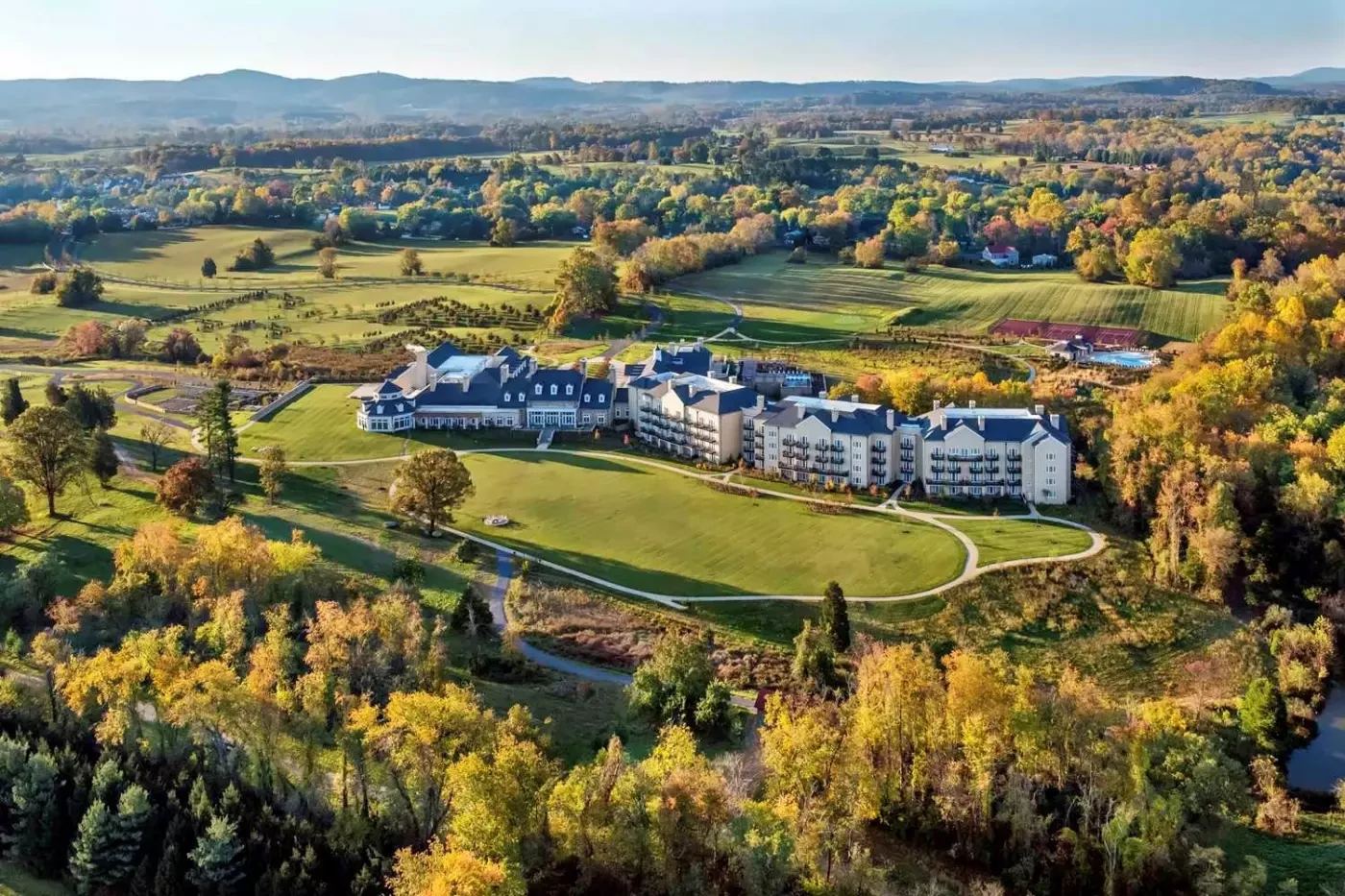 Aerial view of Salamander Middleburg and its landscaped grounds in Virginia