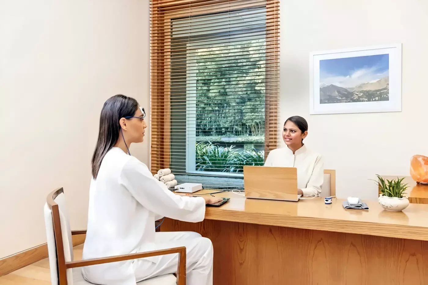 Guest and practitioner seated at a desk during a wellness consultation at Six Senses Vana