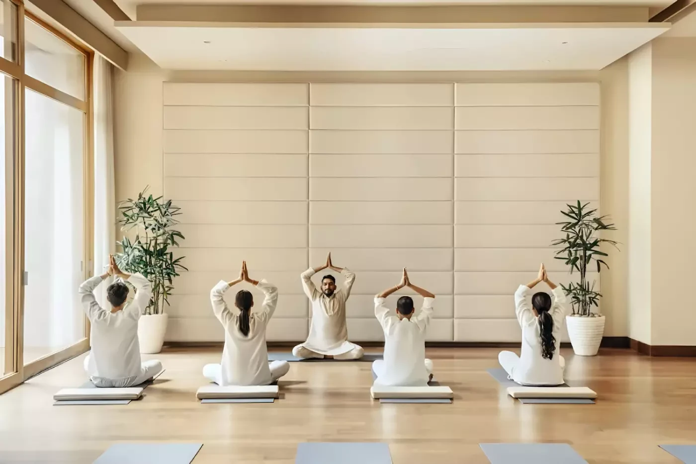 Small group practicing yoga in a bright studio at Six Senses Vana