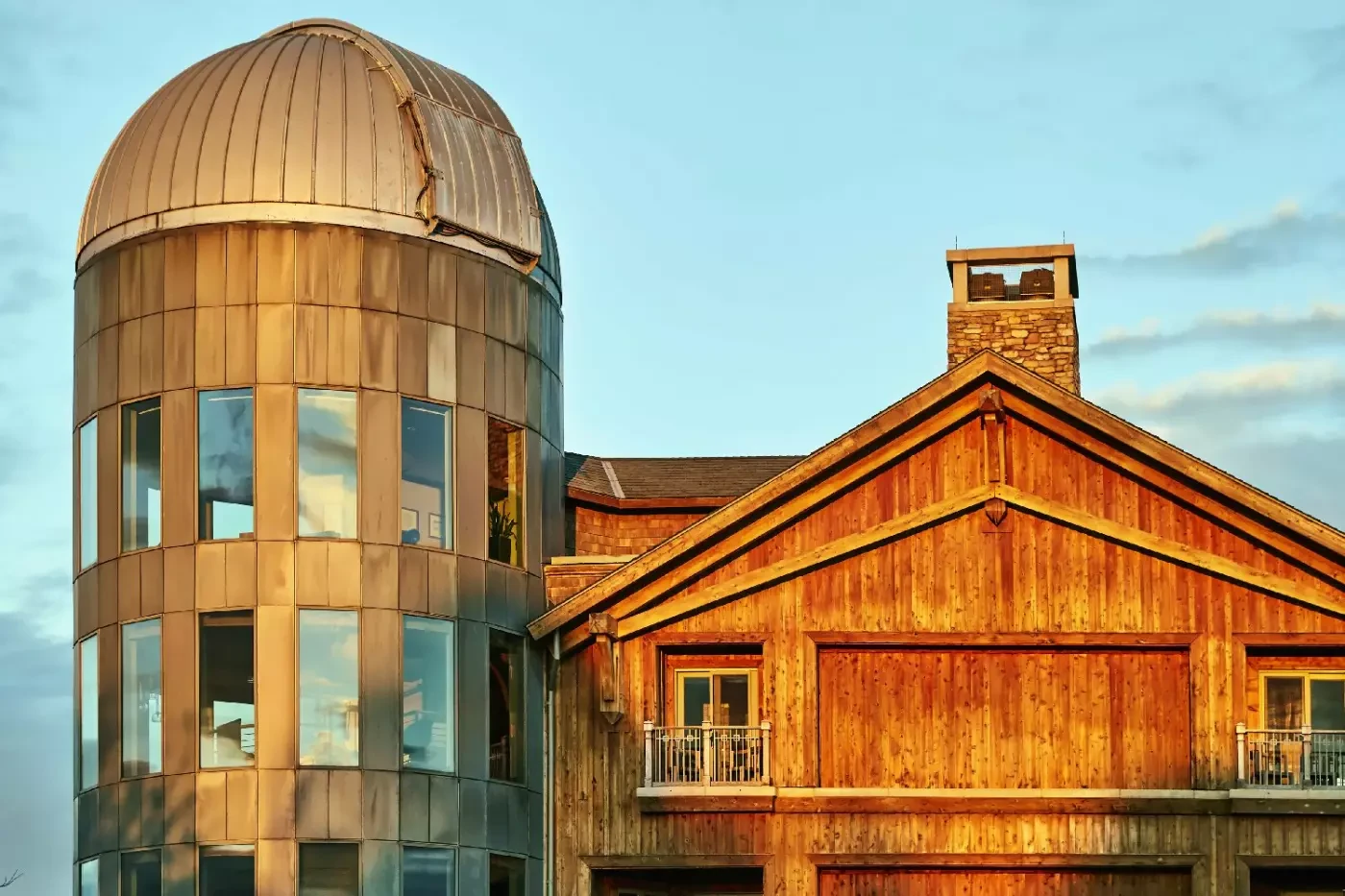 Domed observatory tower beside the timber facade of The Lodge at Primland